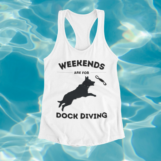Woman's racerback tank top with a German Shepherd leaping off a dock into water