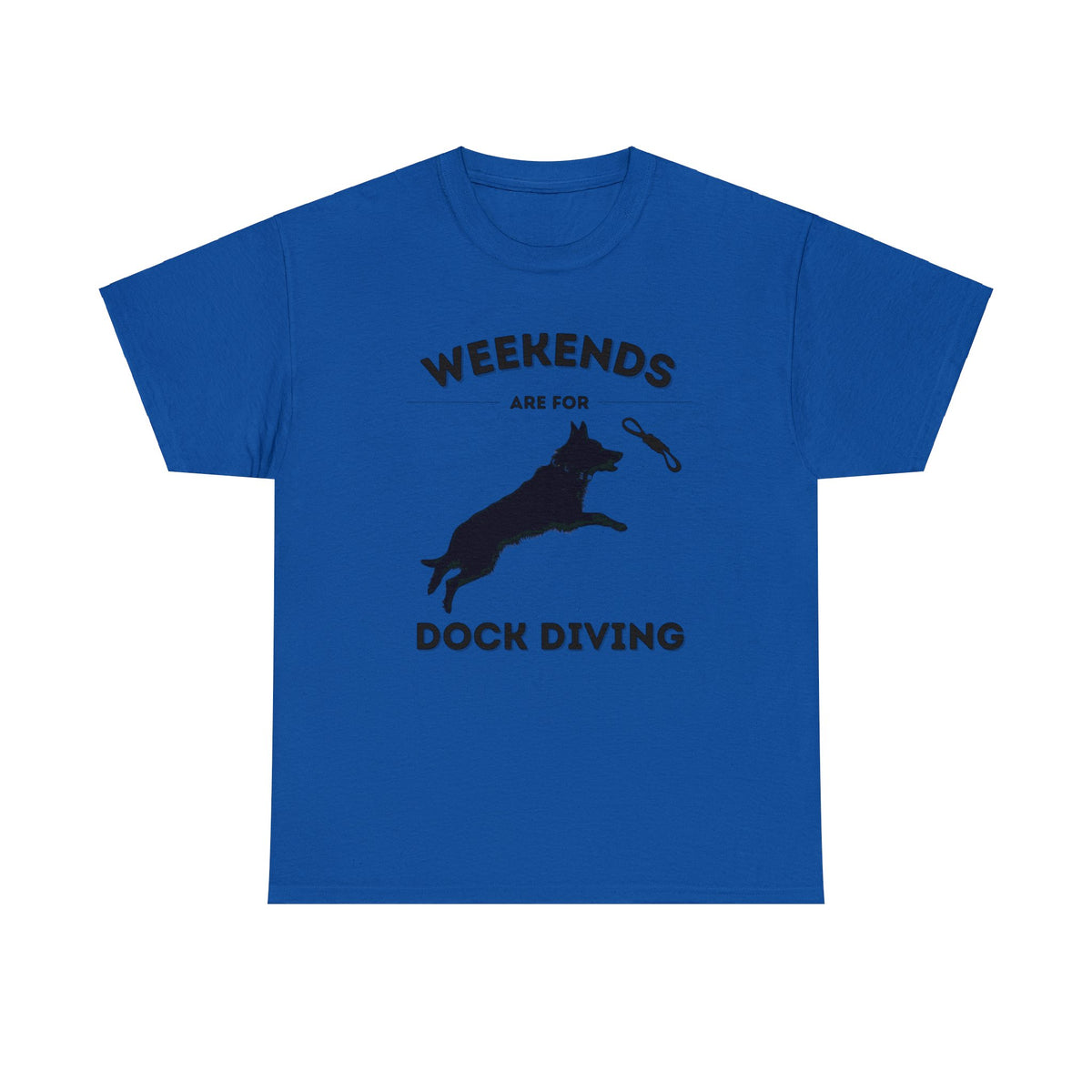 Royal blue Dock Diving German Shepherd t-shirt with leaping dog graphic