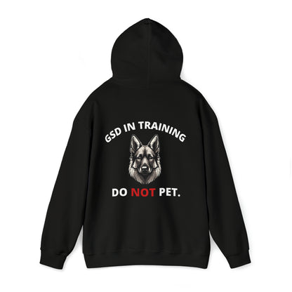 Back view of unisex Dog In Training Do Not Pet German Shepherd hoodie