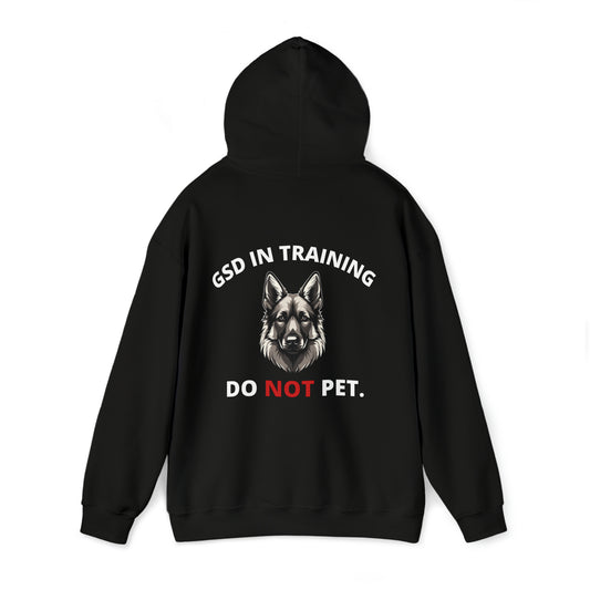 Back view of unisex Dog In Training Do Not Pet German Shepherd hoodie