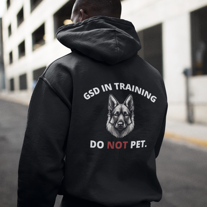 Model wearing unisex Dog In Training Do Not Pet German Shepherd hoodie