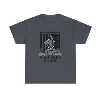 Charcoal Don't Shed On Me men's t-shirt with German Shepherd and American flag shield