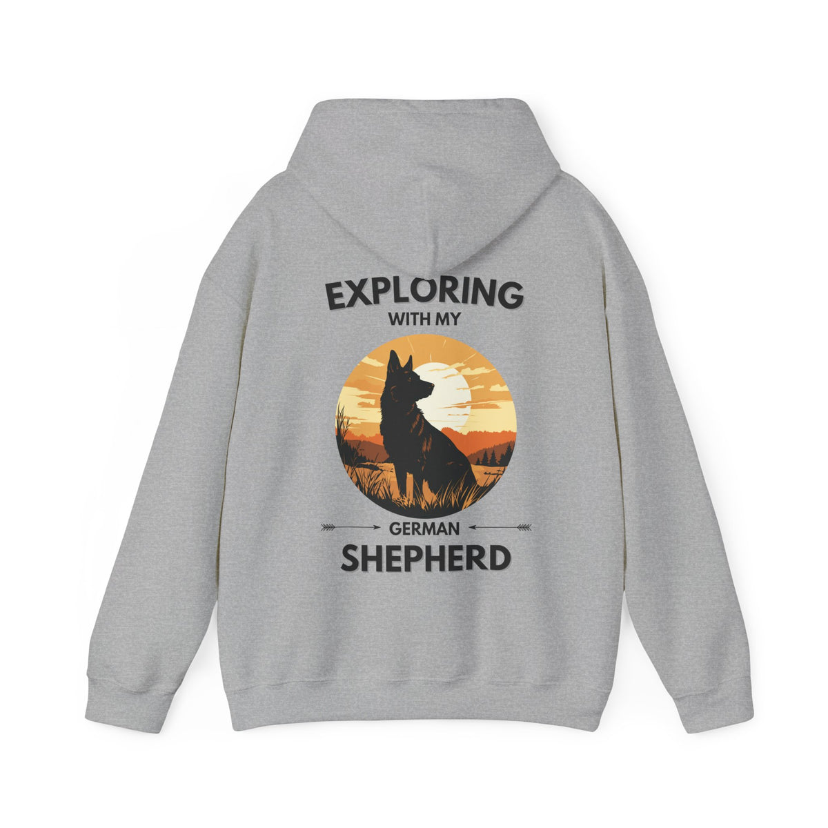 Gray Exploring With My German Shepherd hoodie back view featuring German Shepherd outdoor adventure graphic