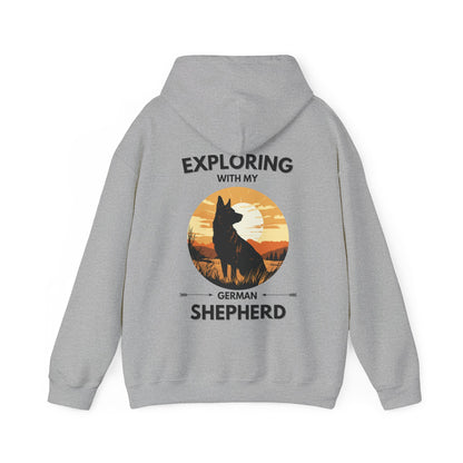 Gray Exploring With My German Shepherd hoodie back view featuring German Shepherd outdoor adventure graphic