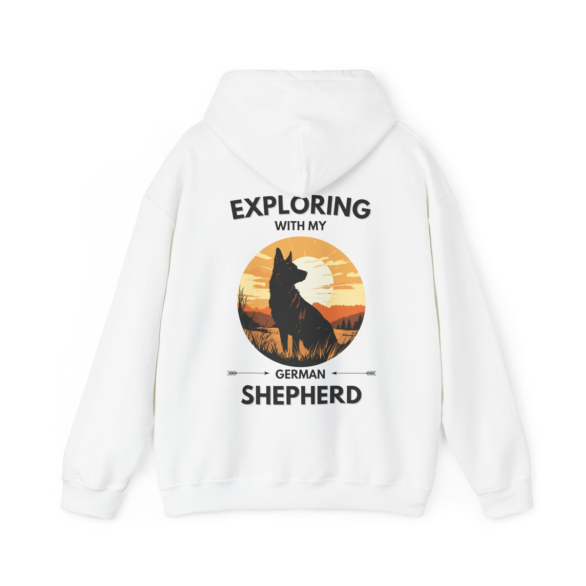 White Exploring With My German Shepherd hoodie back view featuring German Shepherd outdoor adventure graphic