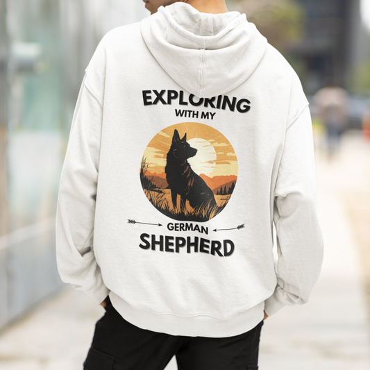 Exploring With My German Shepherd hoodie with outdoor adventure design