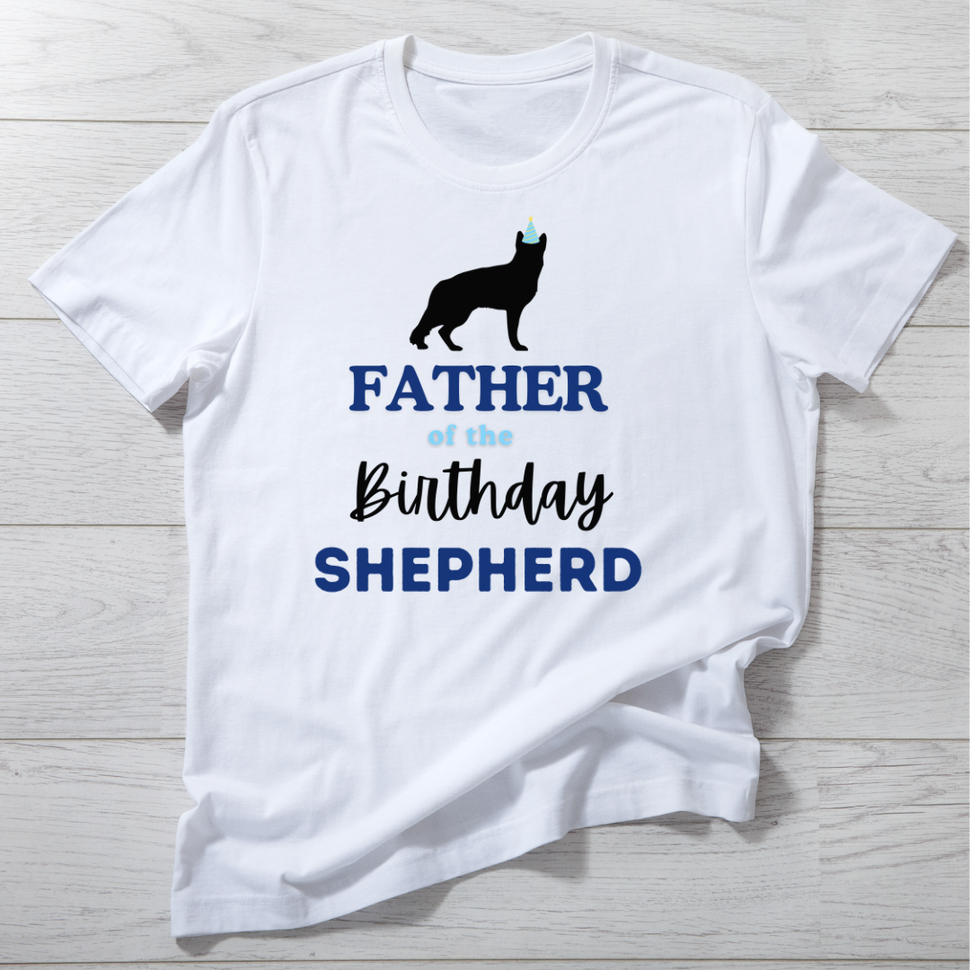 Father of the Birthday Shepherd t-shirt styled on textured background