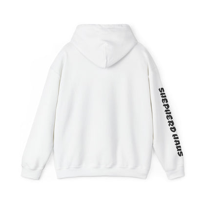 White Fierce German Shepherd hoodie back view with German Shepherd graphic and sleeve design