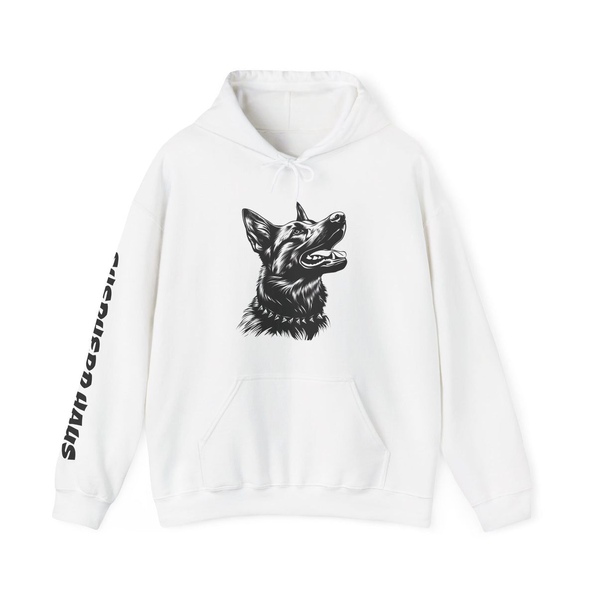 White Fierce German Shepherd hoodie front view with German Shepherd sleeve design
