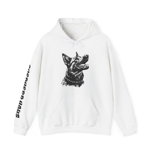 White Fierce German Shepherd hoodie front view with German Shepherd sleeve design