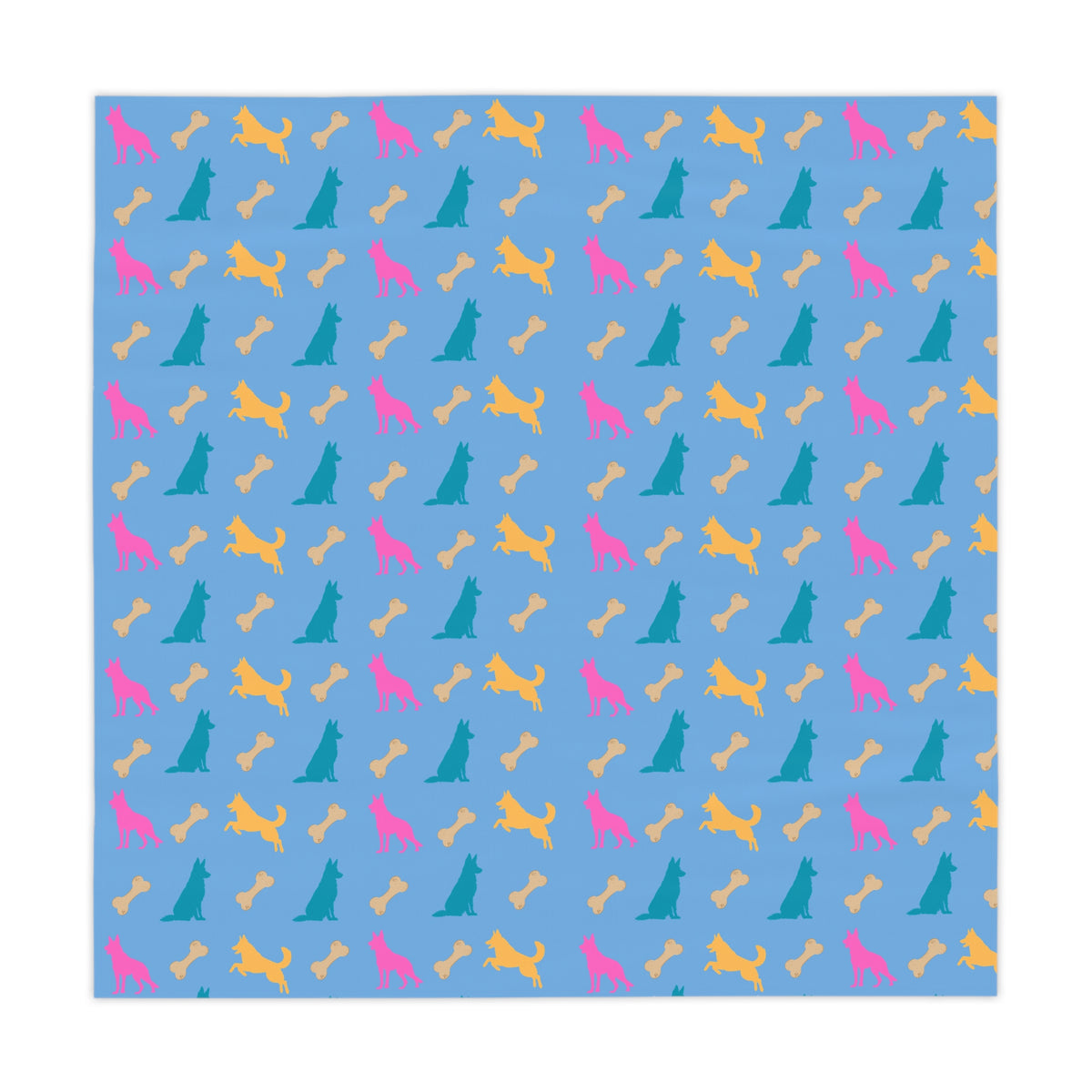 Blue German Shepherd birthday tablecloth flat lay showing full design on white background