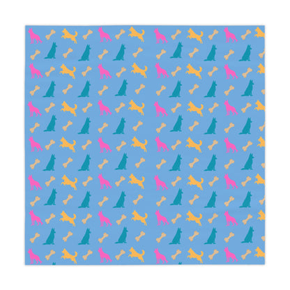 Blue German Shepherd birthday tablecloth flat lay showing full design on white background