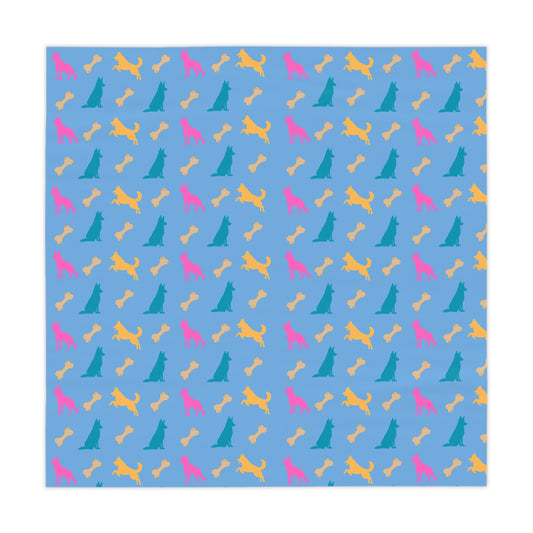 Blue German Shepherd birthday tablecloth flat lay showing full design on white background