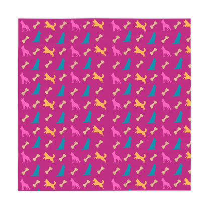 Pink German Shepherd birthday tablecloth flat lay showing full design on white background