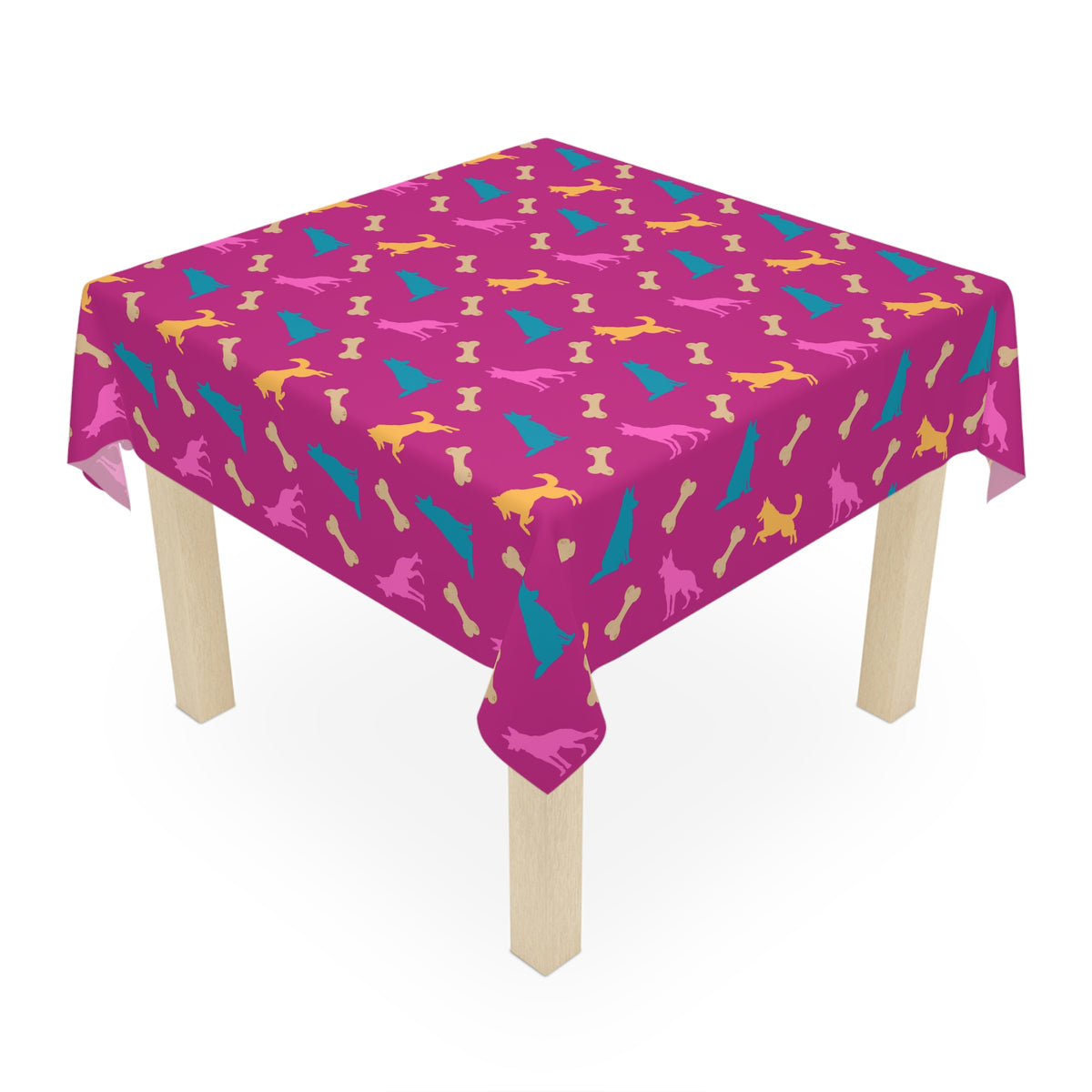 Pink German Shepherd birthday tablecloth on party table, white background