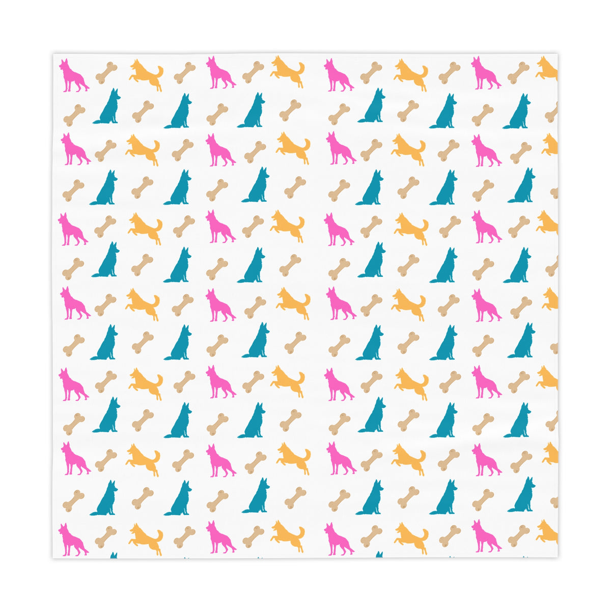 White German Shepherd birthday tablecloth flat lay showing full design on white background