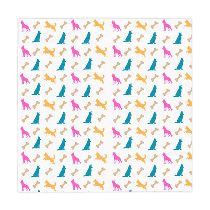 White German Shepherd birthday tablecloth flat lay showing full design on white background