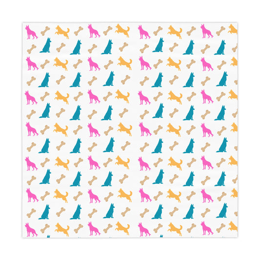 White German Shepherd birthday tablecloth flat lay showing full design on white background