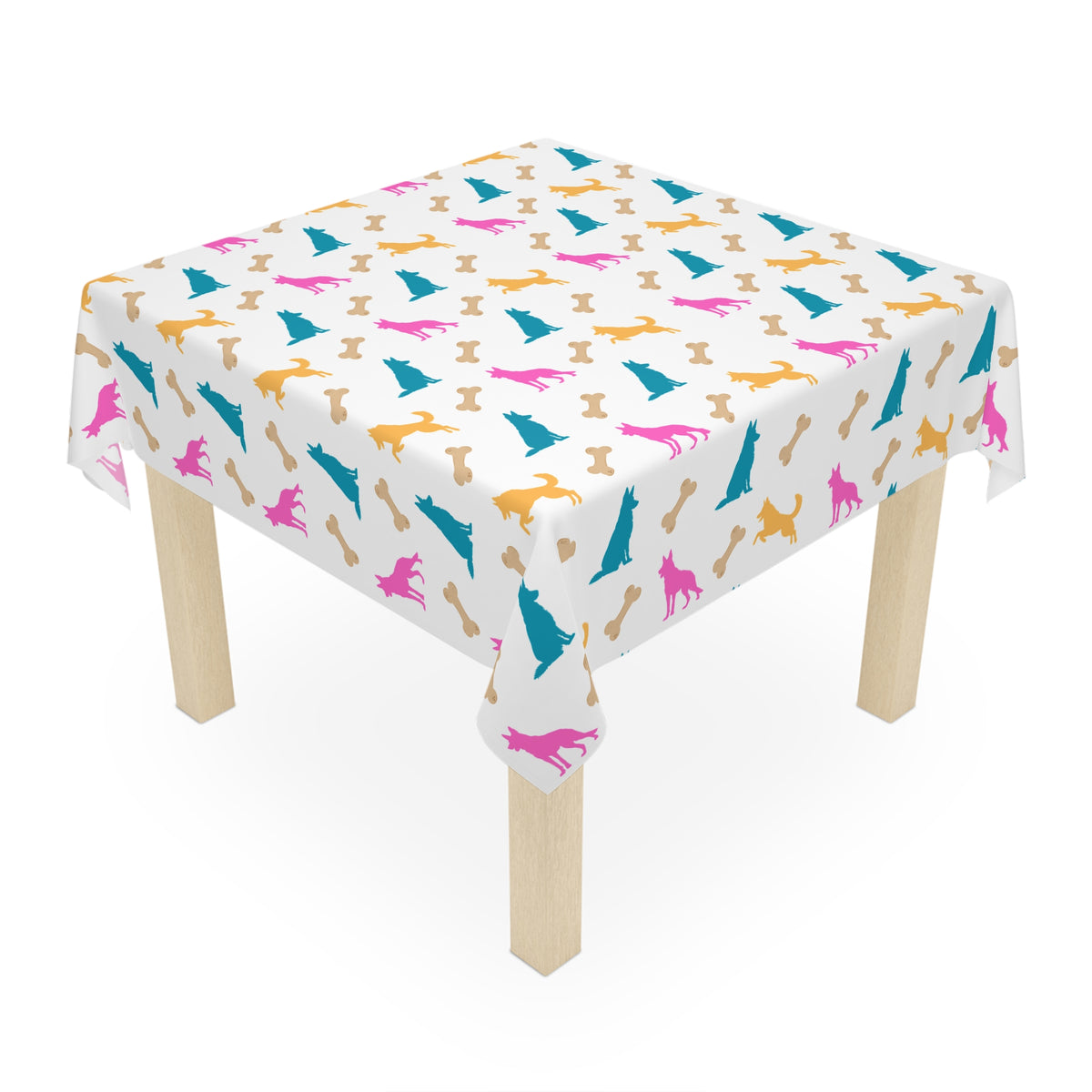 White German Shepherd birthday tablecloth on party table, white background