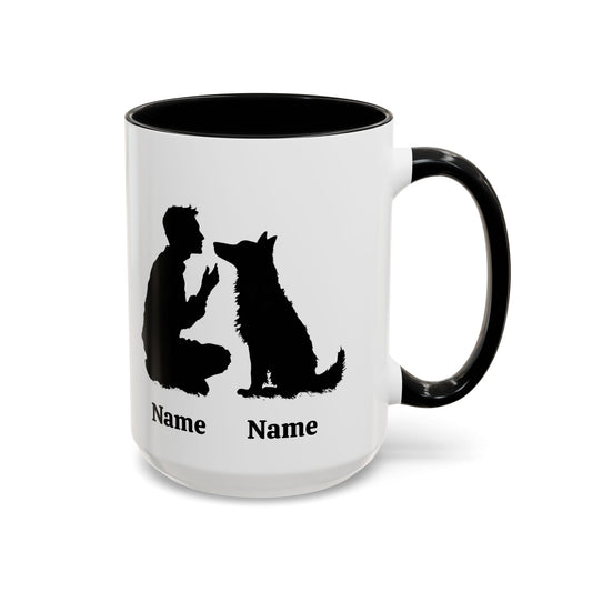 German Shepherd dad custom mug with one dog silhouette and names, black inside and handle, 15 oz