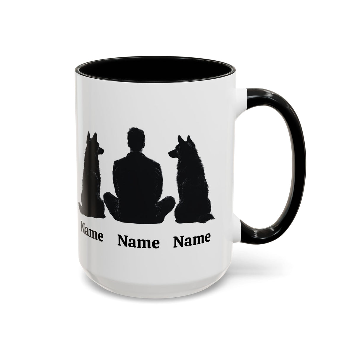German Shepherd dad custom mug with two dog silhouettes and names, black inside and handle