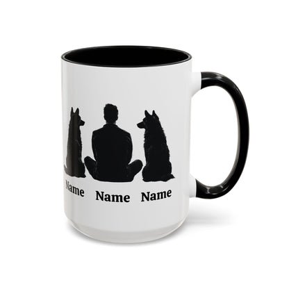 German Shepherd dad custom mug with two dog silhouettes and names, black inside and handle