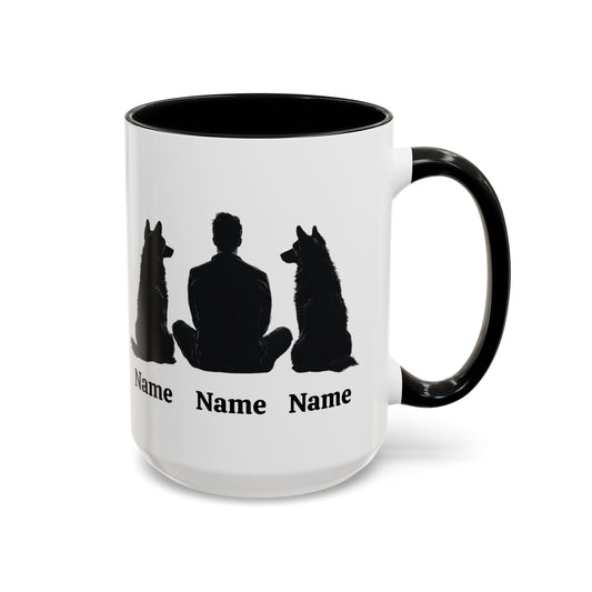 German Shepherd dad custom mug with two dog silhouettes and names, black inside and handle