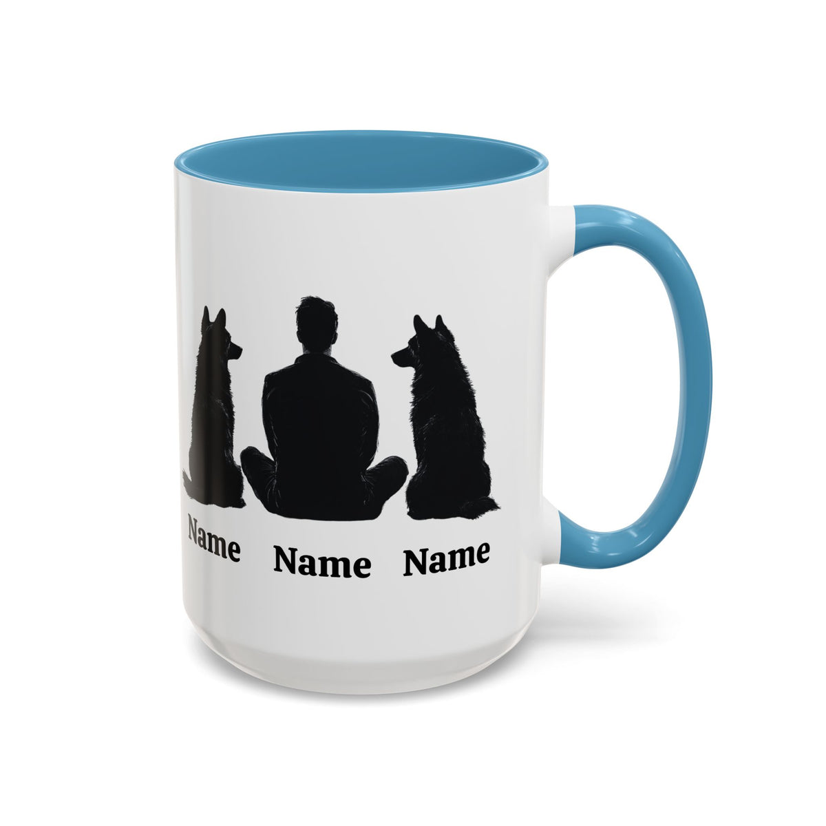 Personalized German Shepherd dad mug with two dog silhouettes, light blue inside and handle