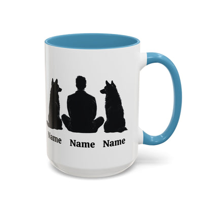 Personalized German Shepherd dad mug with two dog silhouettes, light blue inside and handle