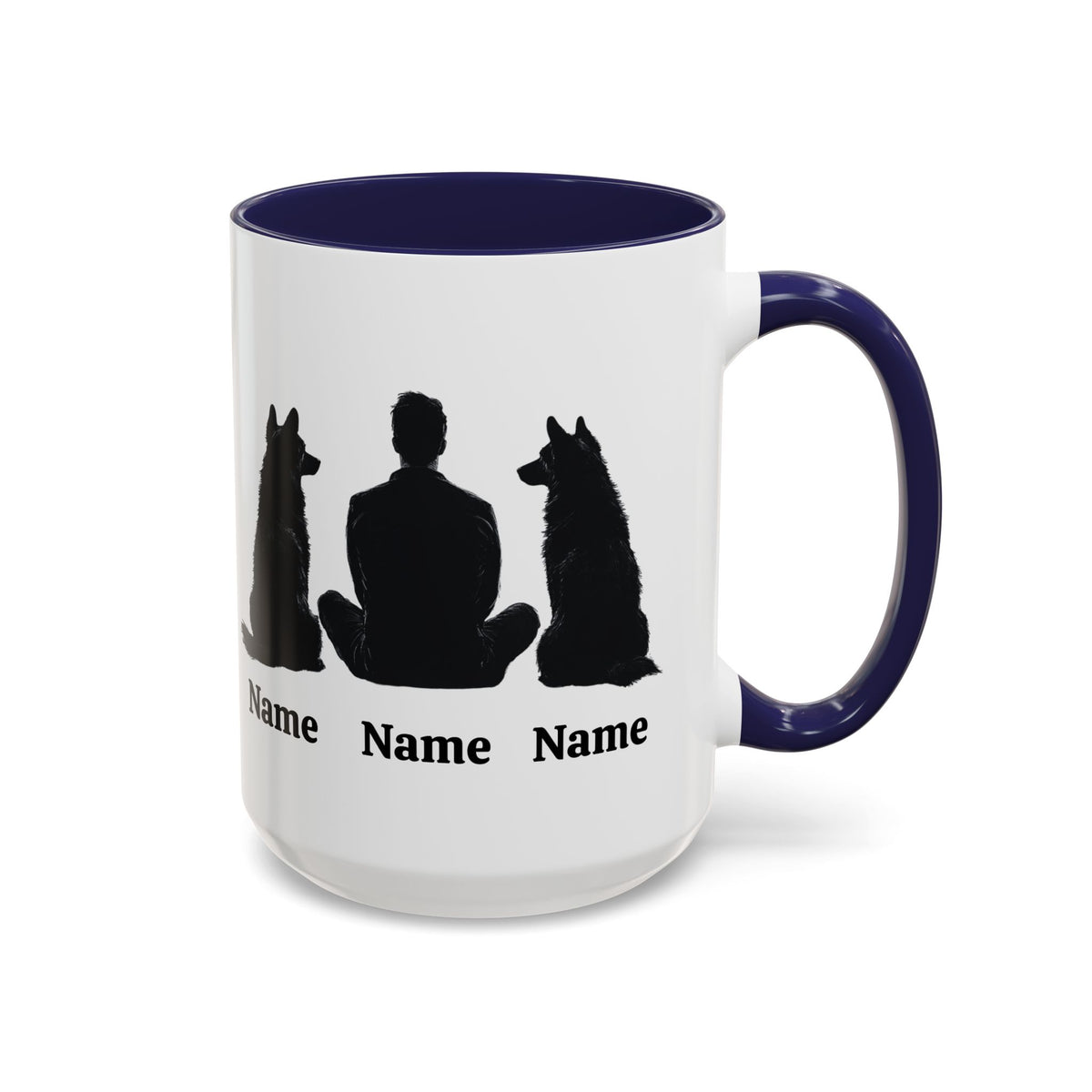 Personalized German Shepherd dad mug with two dogs and owner silhouette, navy inside and handle