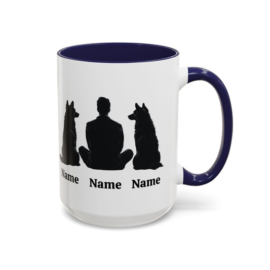 Personalized German Shepherd dad mug with two dogs and owner silhouette, navy inside and handle