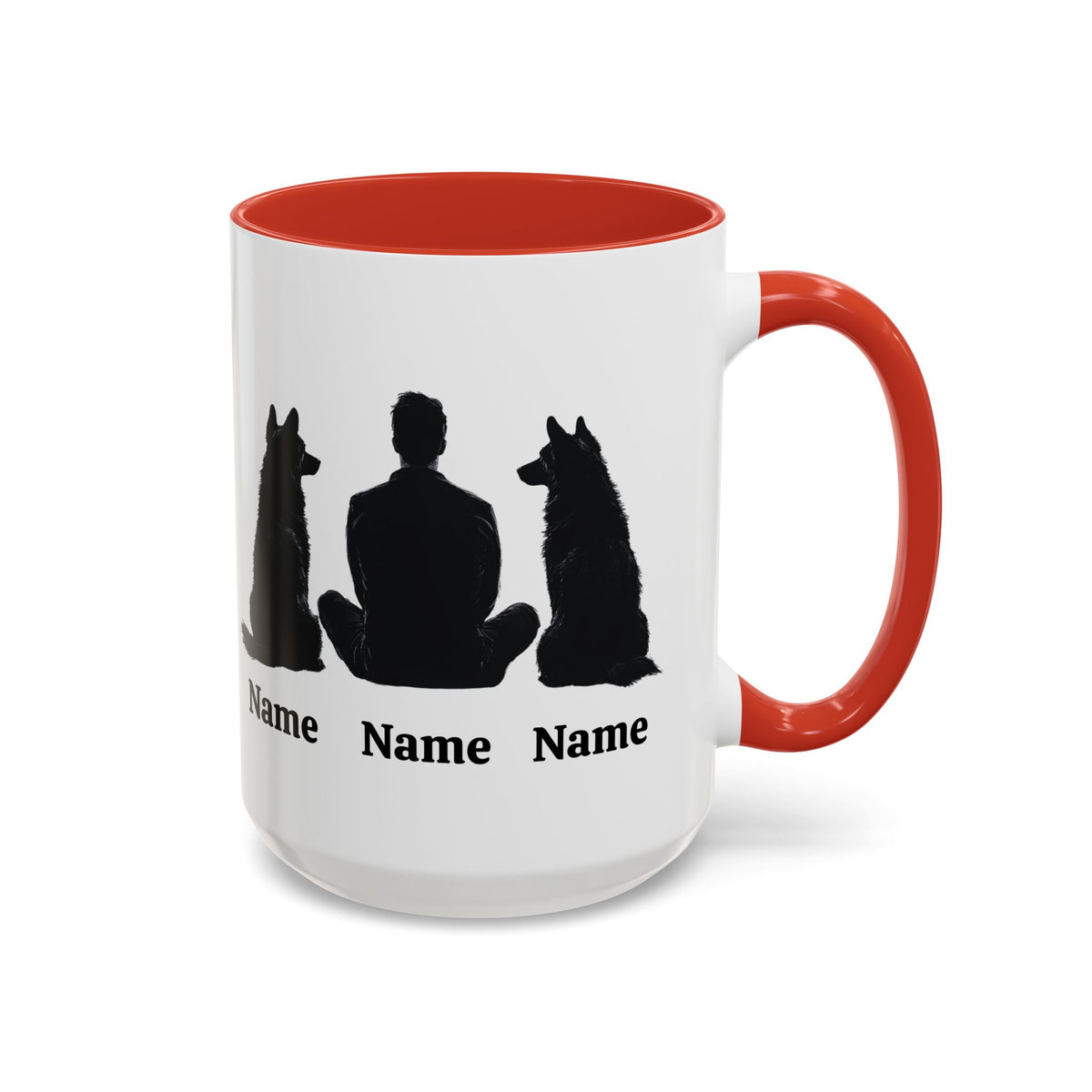 Custom German Shepherd dad coffee mug with two dog silhouettes and names, red inside and handle