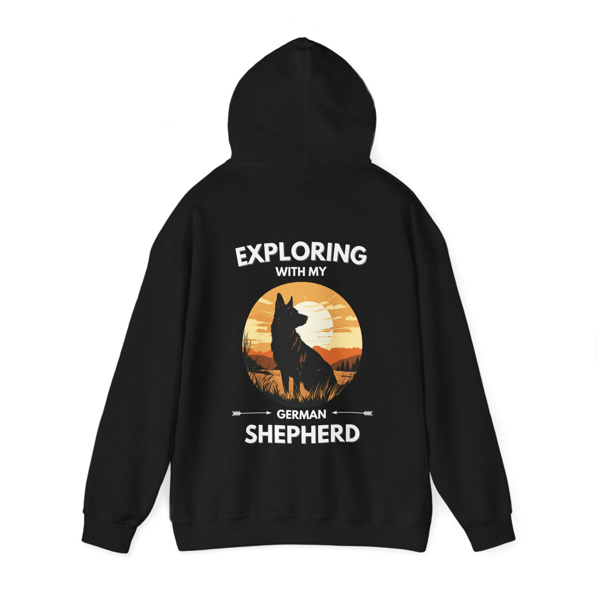 Black German Shepherd Explore hoodie back view with mountain and forest design