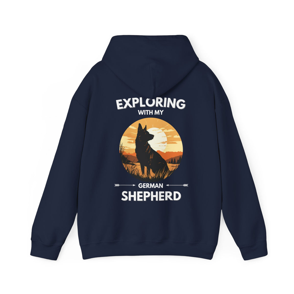 Navy German Shepherd Explore hoodie back detail with mountain and forest graphic