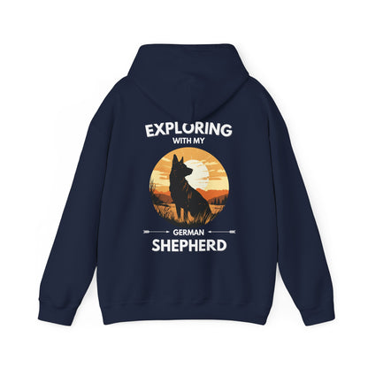 Navy German Shepherd Explore hoodie back detail with mountain and forest graphic