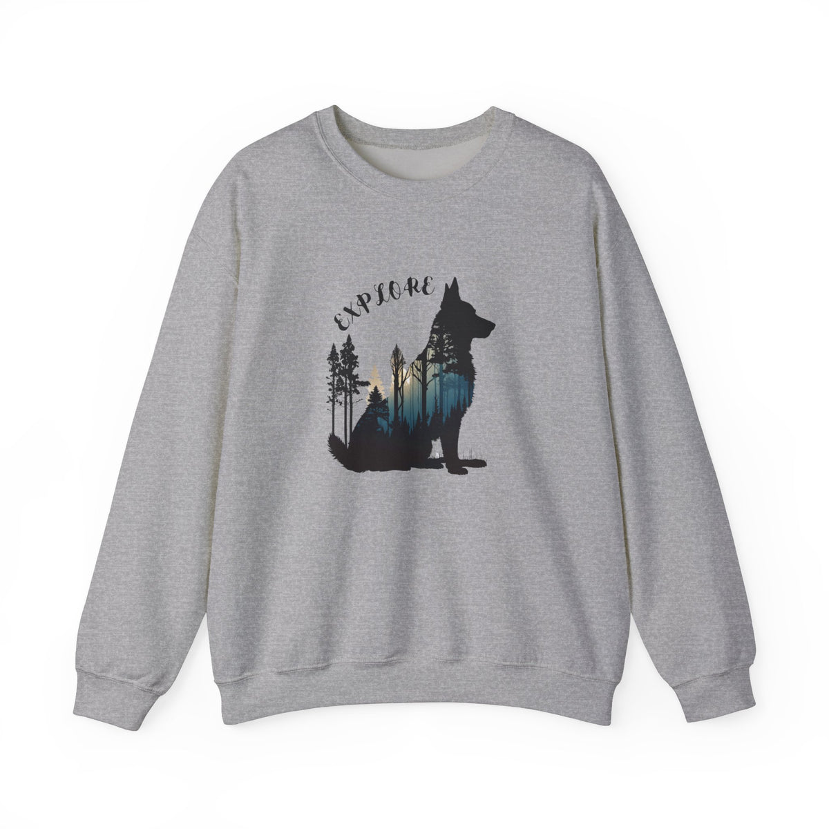 Gray German Shepherd Explore sweatshirt featuring a mountain and forest design