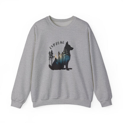 Gray German Shepherd Explore sweatshirt featuring a mountain and forest design
