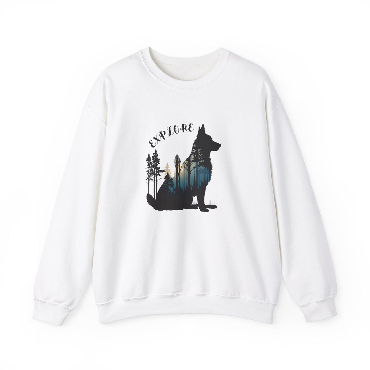 White German Shepherd Explore sweatshirt featuring a mountain and forest design