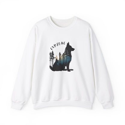 White German Shepherd Explore sweatshirt featuring a mountain and forest design
