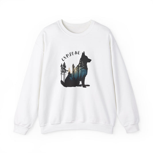White German Shepherd Explore sweatshirt featuring a mountain and forest design