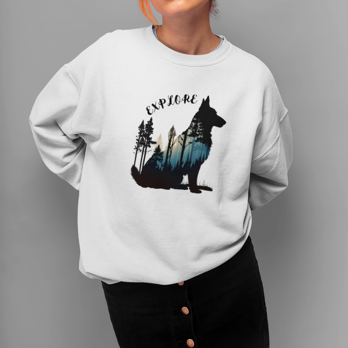 German Shepherd Explore sweatshirt featuring a German Shepherd with mountain and forest design