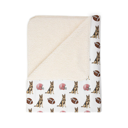 German Shepherd football blanket folded showing cream backing, fleece throw in beige