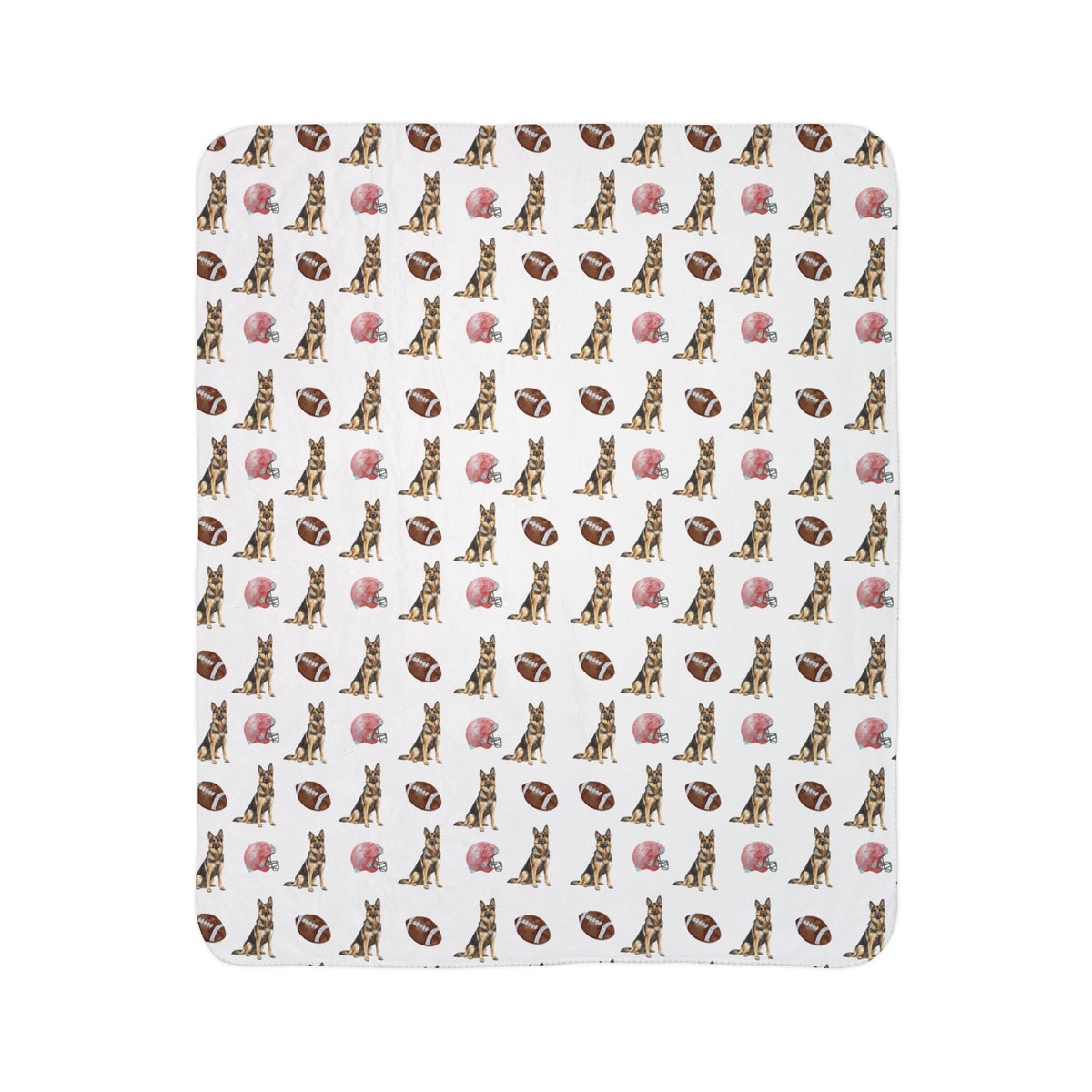 Close-up of German Shepherd football blanket pattern with footballs and helmets