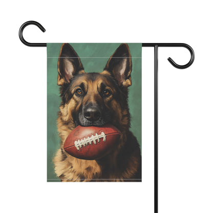 German Shepherd football garden banner shown on stand, white background, stand not included