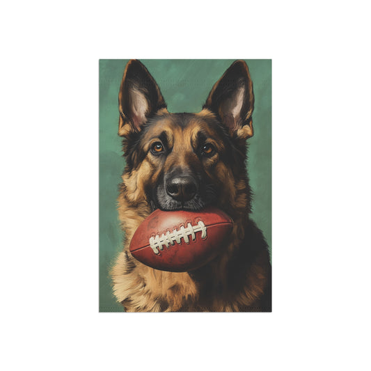 German Shepherd football garden flag on white background, 12x18 inch double sided