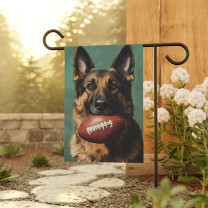 Game day German Shepherd football garden flag displayed in front yard, pole sold separately