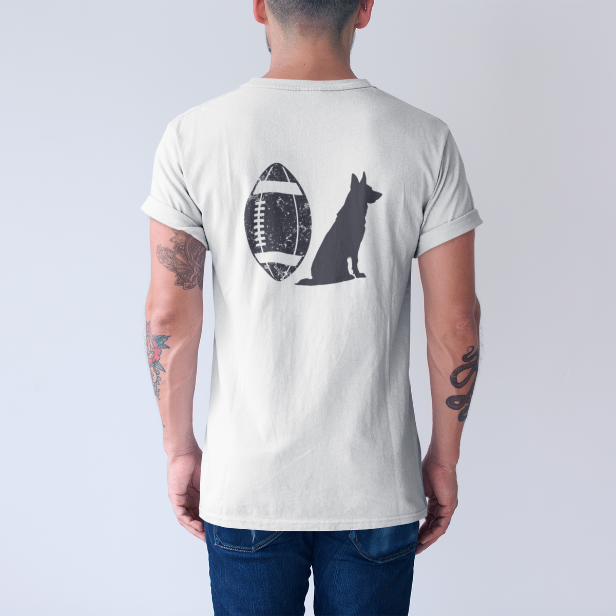 Man wearing white German Shepherd football t-shirt, back print with dog and football