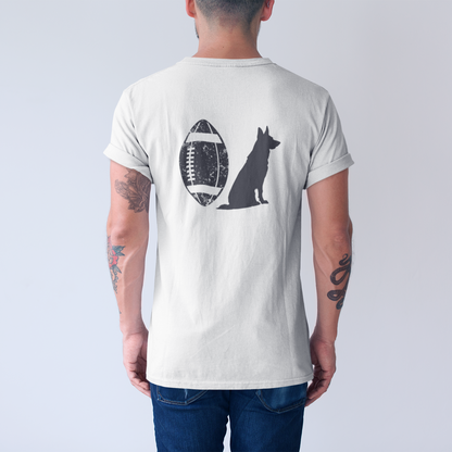 Man wearing white German Shepherd football t-shirt, back print with dog and football