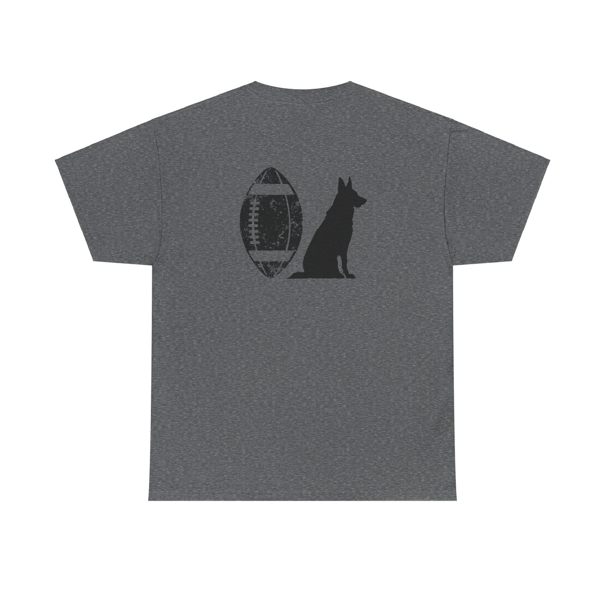Gray t-shirt back print with German Shepherd silhouette sitting next to football