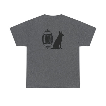 Gray t-shirt back print with German Shepherd silhouette sitting next to football